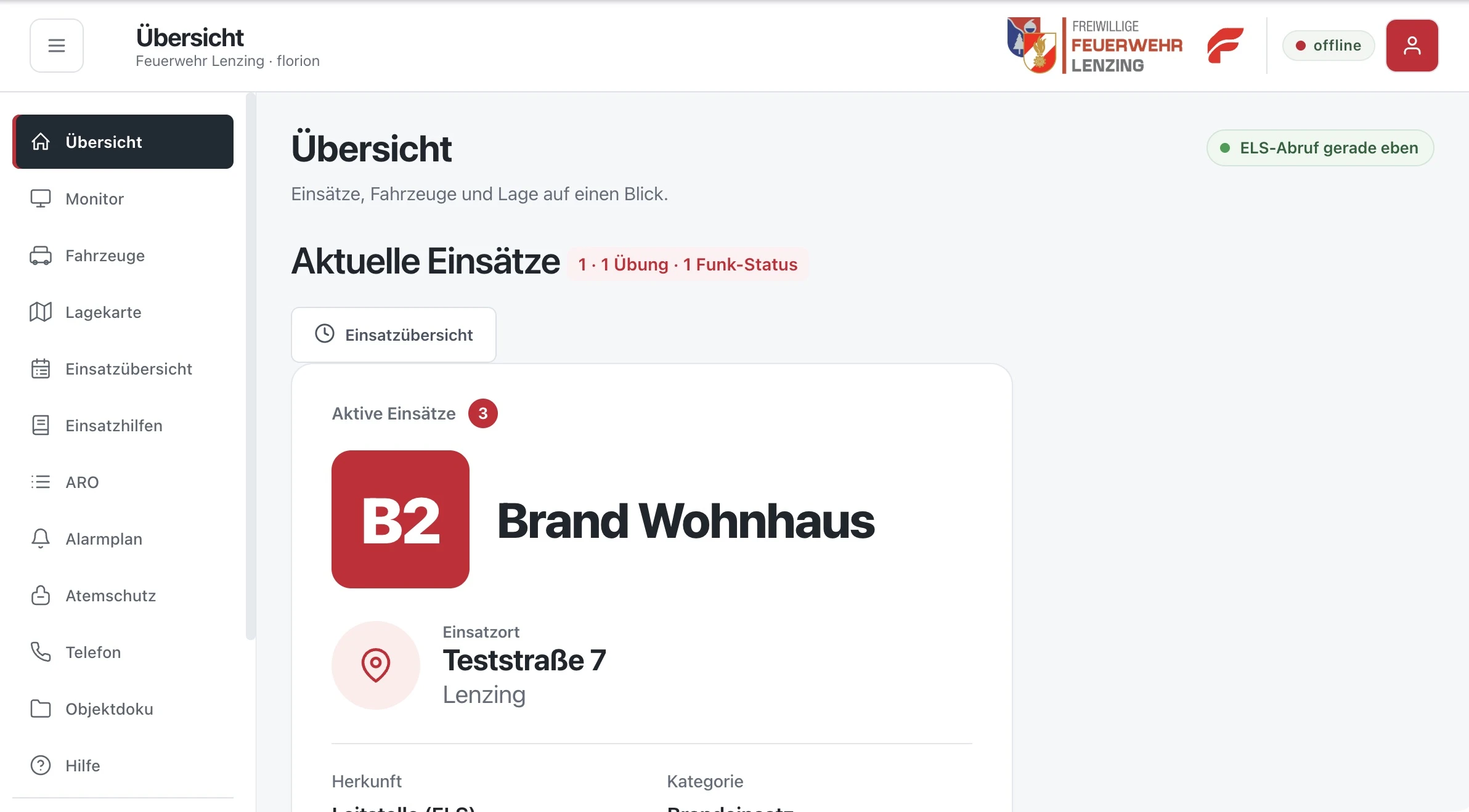 Einsatzübersicht der Florion-App mit Beispieldaten