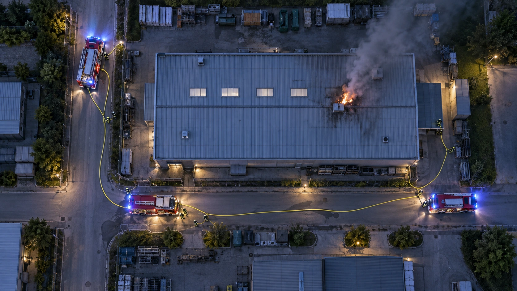 Inszenierte Vogelperspektive: Lagerhalle mit Brandstelle, drei Feuerwehrfahrzeugen und Schlauchwegen.